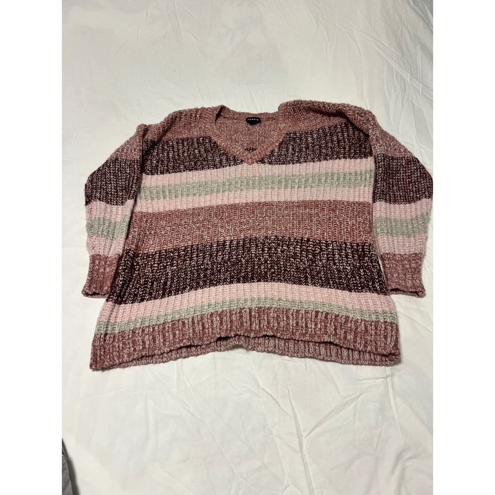 Torrid Womens Plus Size 00 Pink Burgundy Striped Chunky V-Neck Knit Sweater